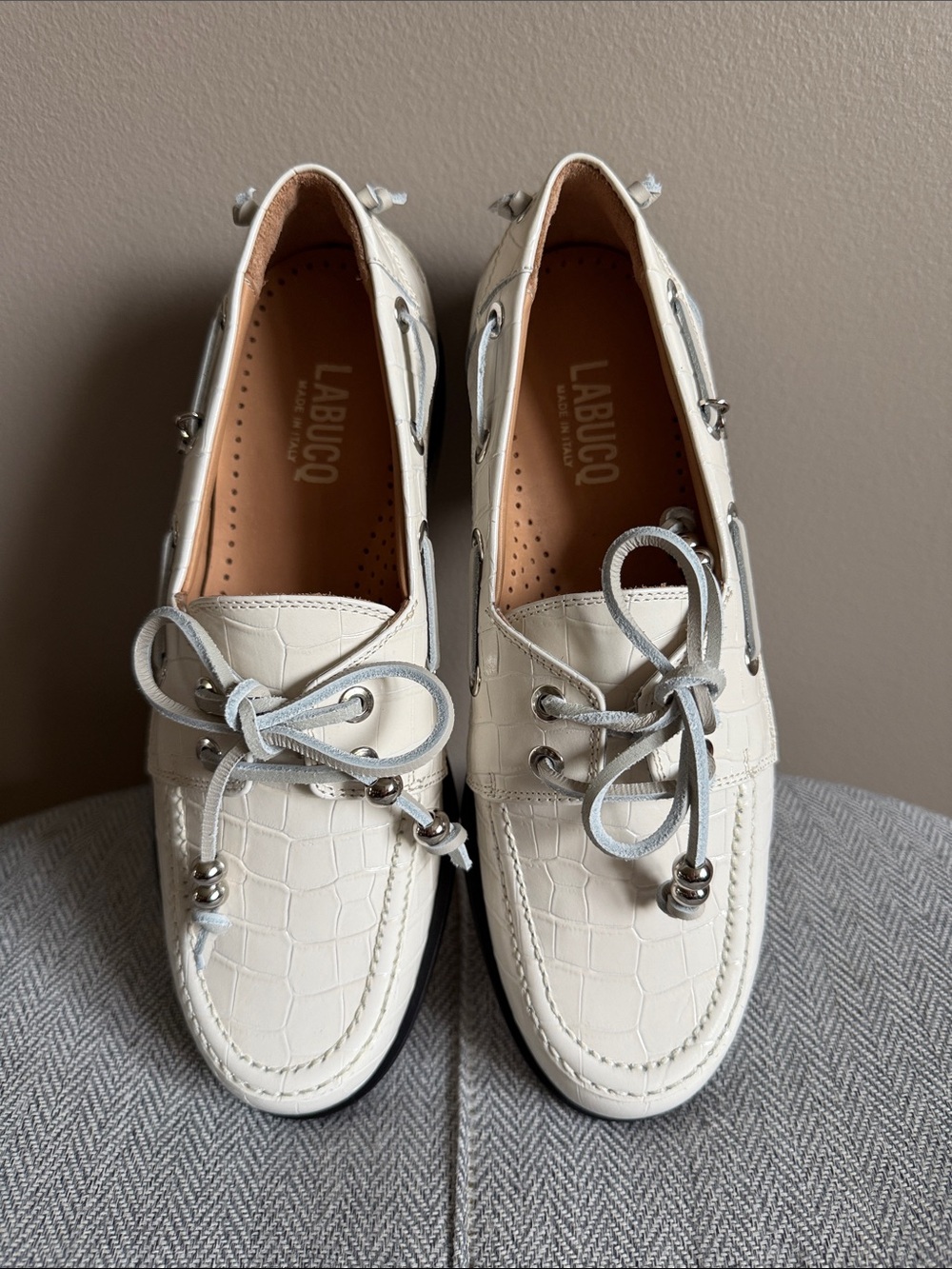L'ABUCO Nelson Croc-Embossed Boat Shoes in Ivory color